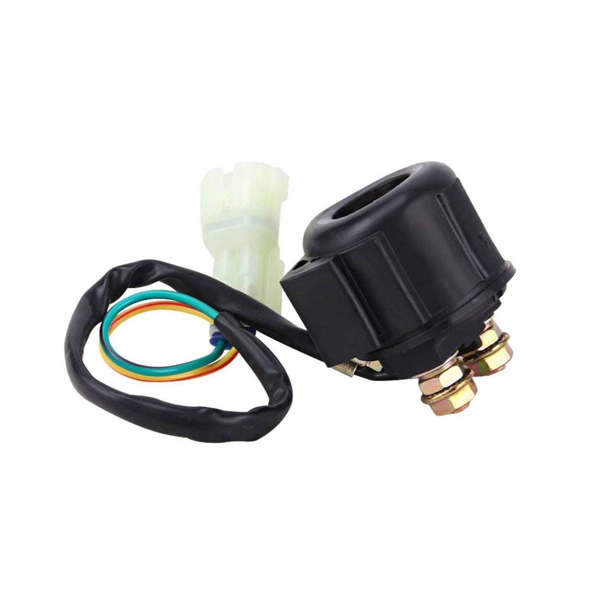 Starter relay solenoid with black housing, spade terminal, and multi-color wire set