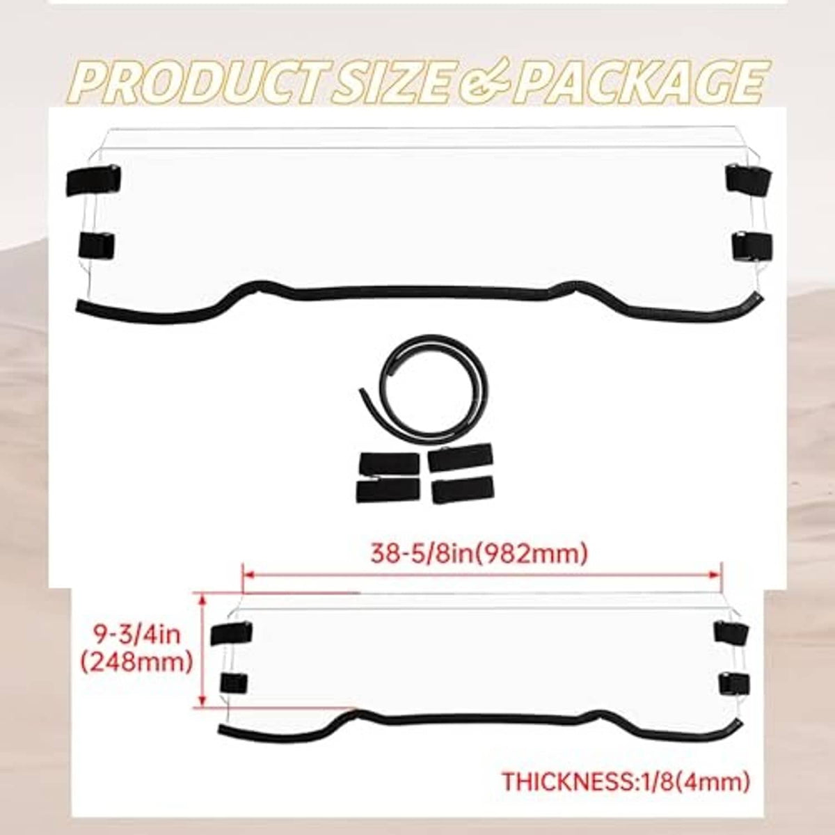 Half windshield panel with mounting clips and height/thickness dimensions, clear plastic