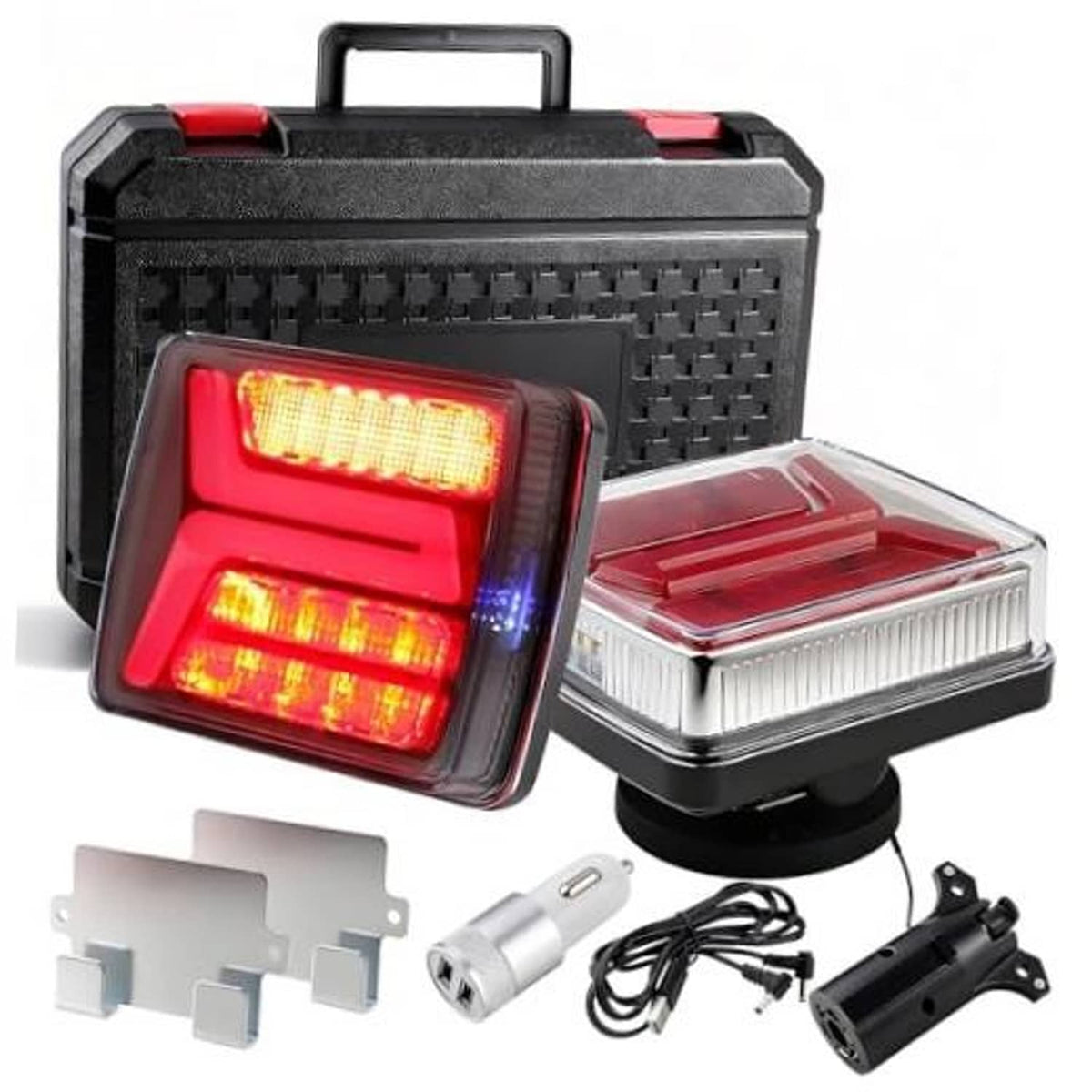 Magnetic wireless trailer rear LED light kit with red lens module and mounting hardware case