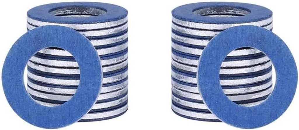 Stacked aluminum oil drain plug gaskets, blue washers with ribbed metal edges