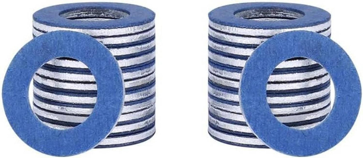 Stacked aluminum oil drain plug gaskets, blue washers with ribbed metal edges