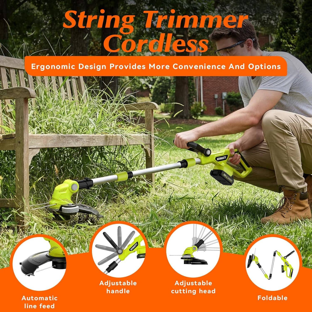 Cordless string trimmer with battery pack in use near garden plants and fence