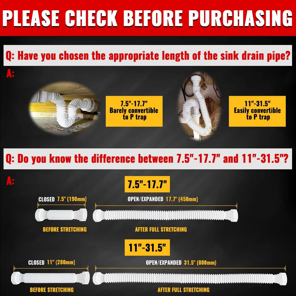 Expandable white flexible sink drain P-trap pipe shown at closed and fully stretched length