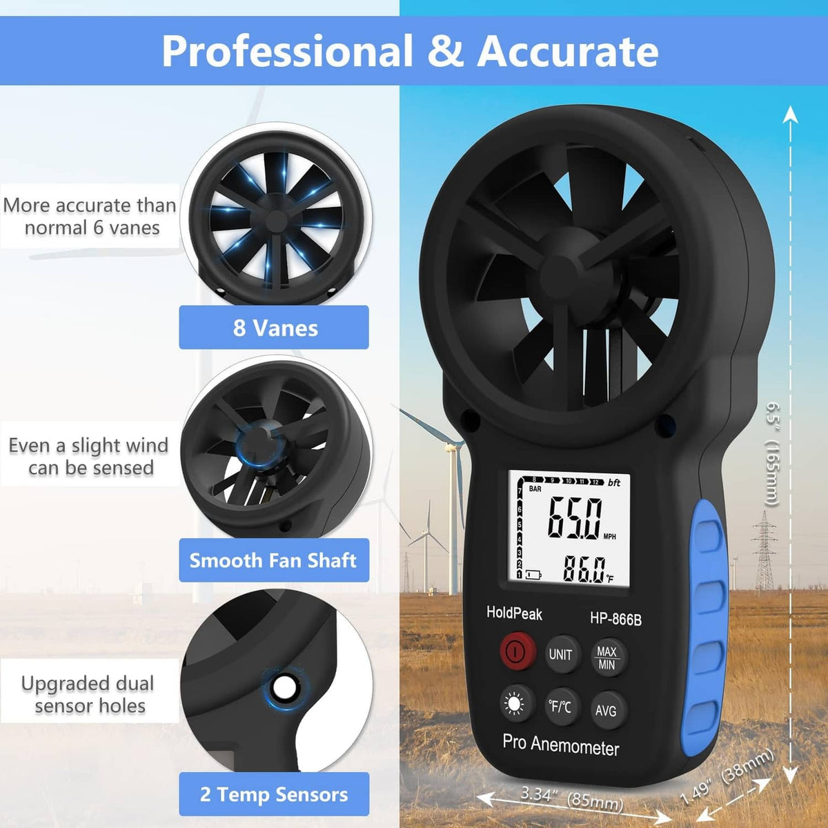 Black handheld anemometer with fan blades and LCD wind speed display