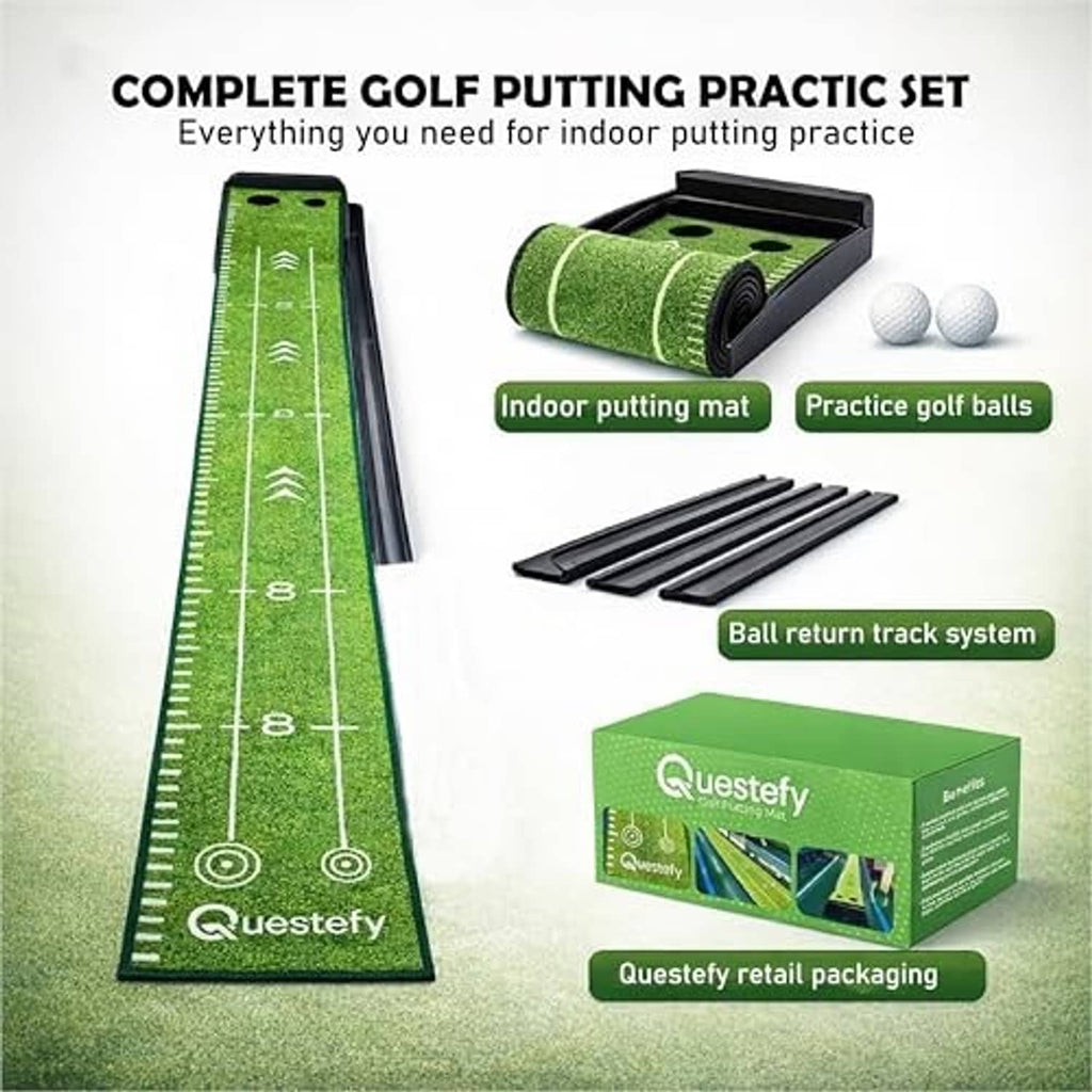 Green indoor putting mat set with ball return track, practice balls, and Questefy box