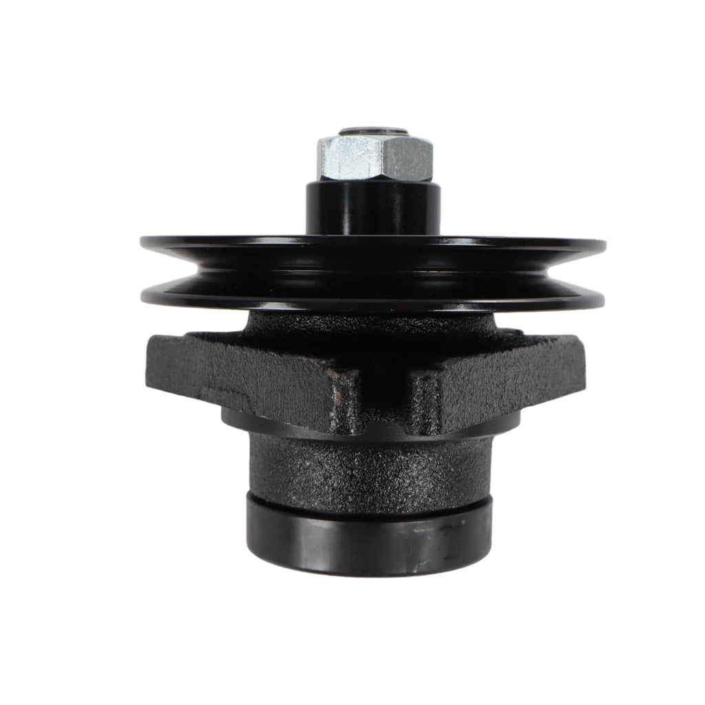 Black spindle assembly with stacked pulley faces and top hex bolt