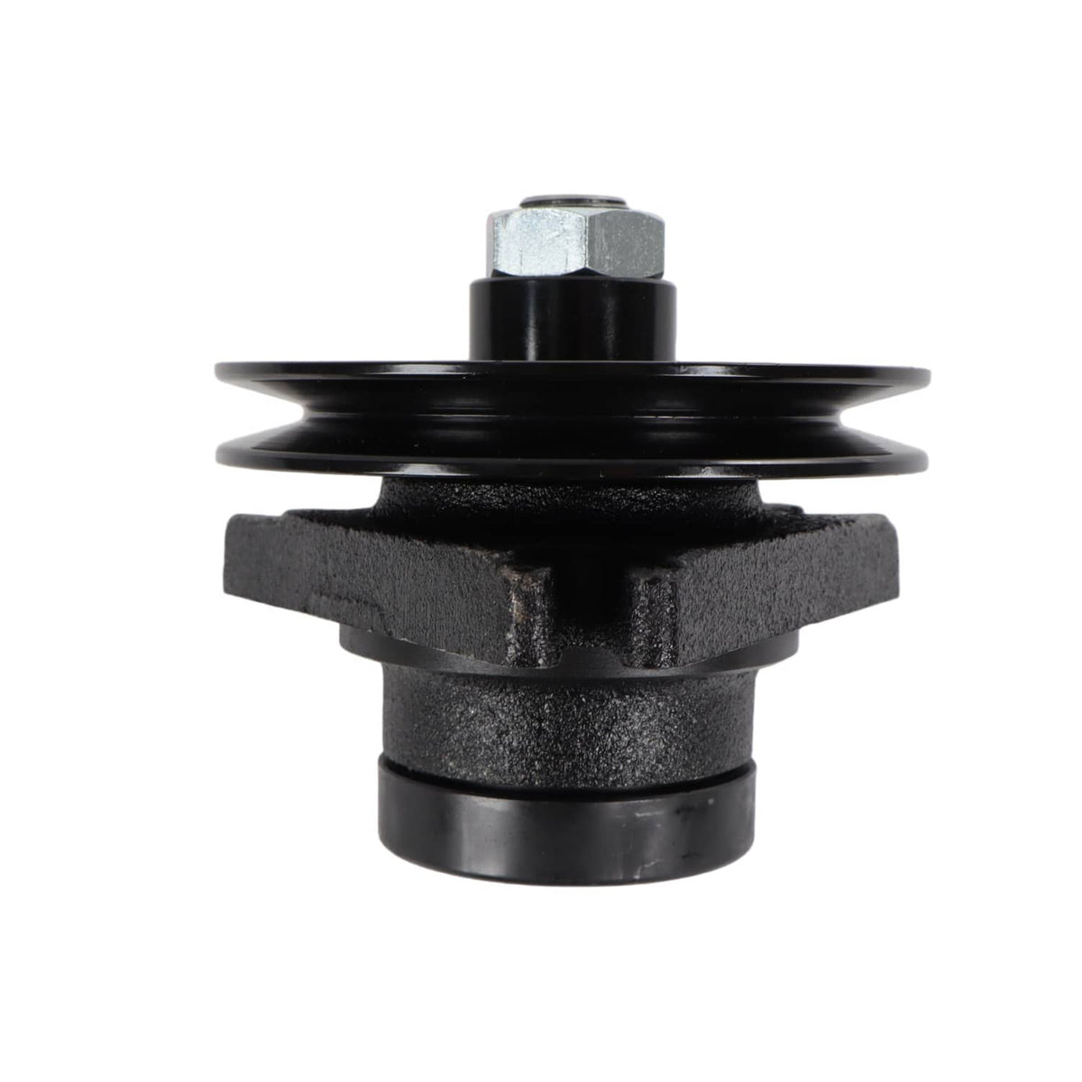 Black spindle assembly with stacked pulley faces and top hex bolt