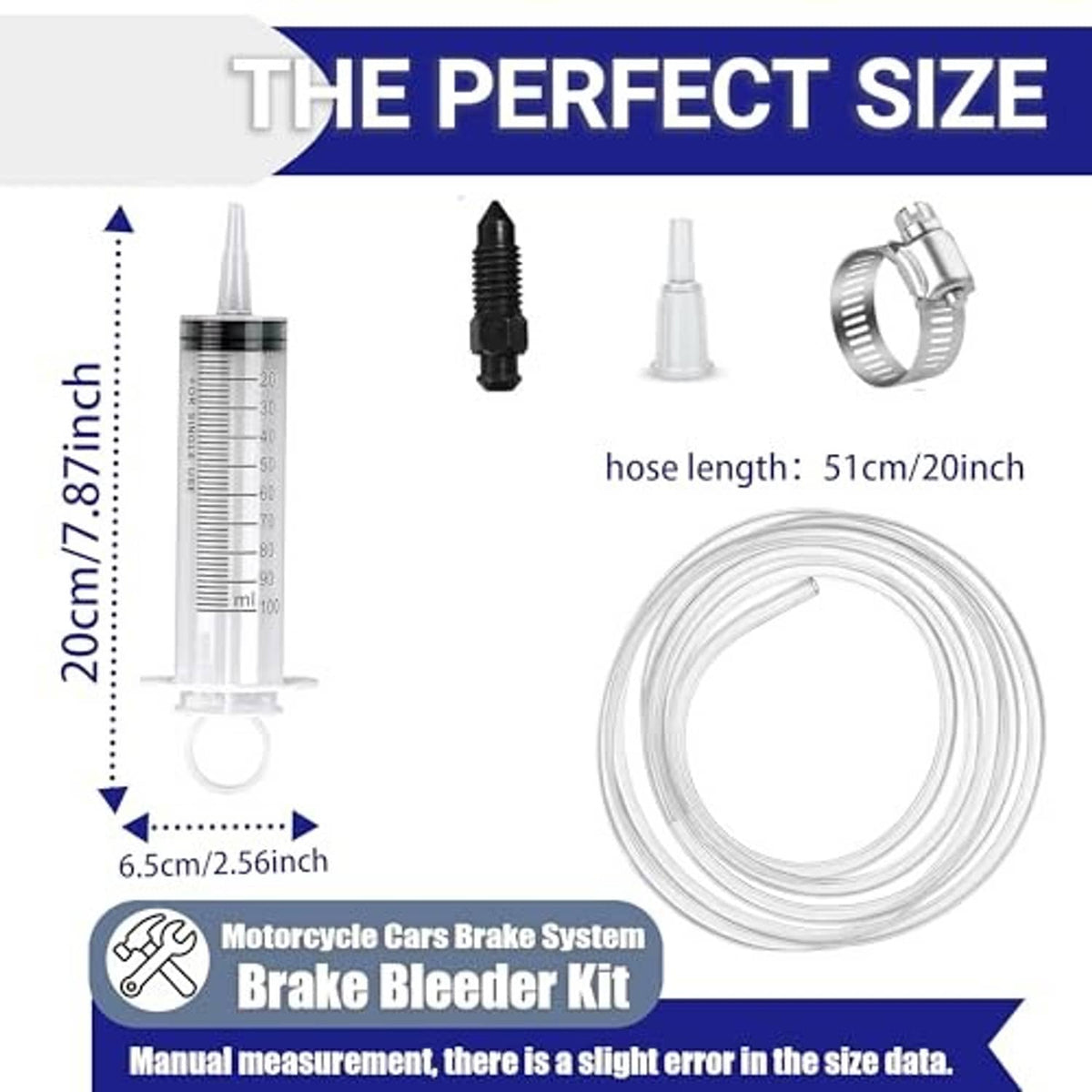 Brake bleeder kit with clear syringe and coiled transparent hose