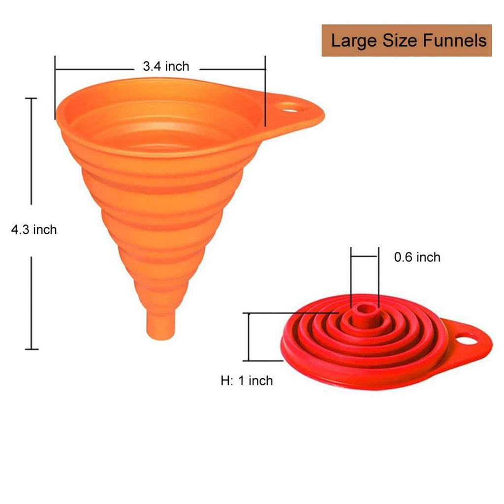 Foldable silicone kitchen funnel set: orange large funnel with red coiled cap, size shown