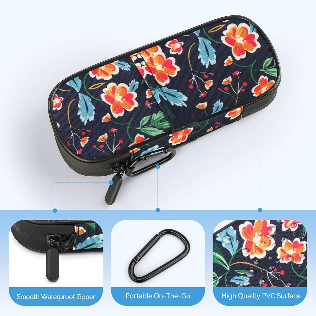 Floral insulin cooler case with zipper and metal clip loop on the end
