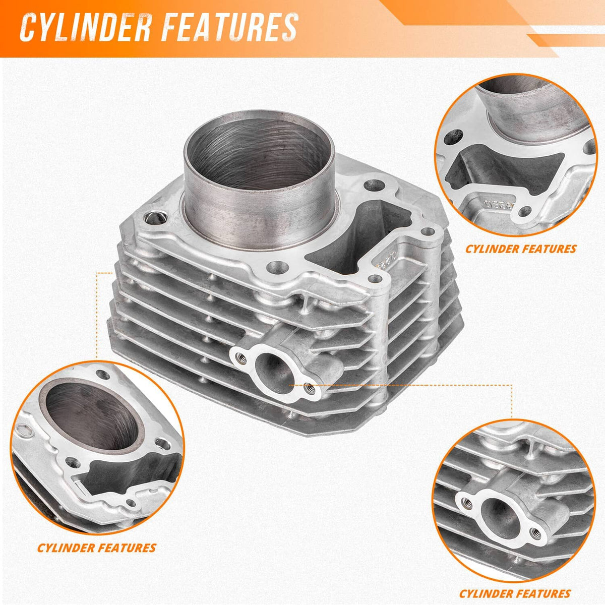 Cylinder piston and top end kit featuring a finned cylinder and close-up machining details
