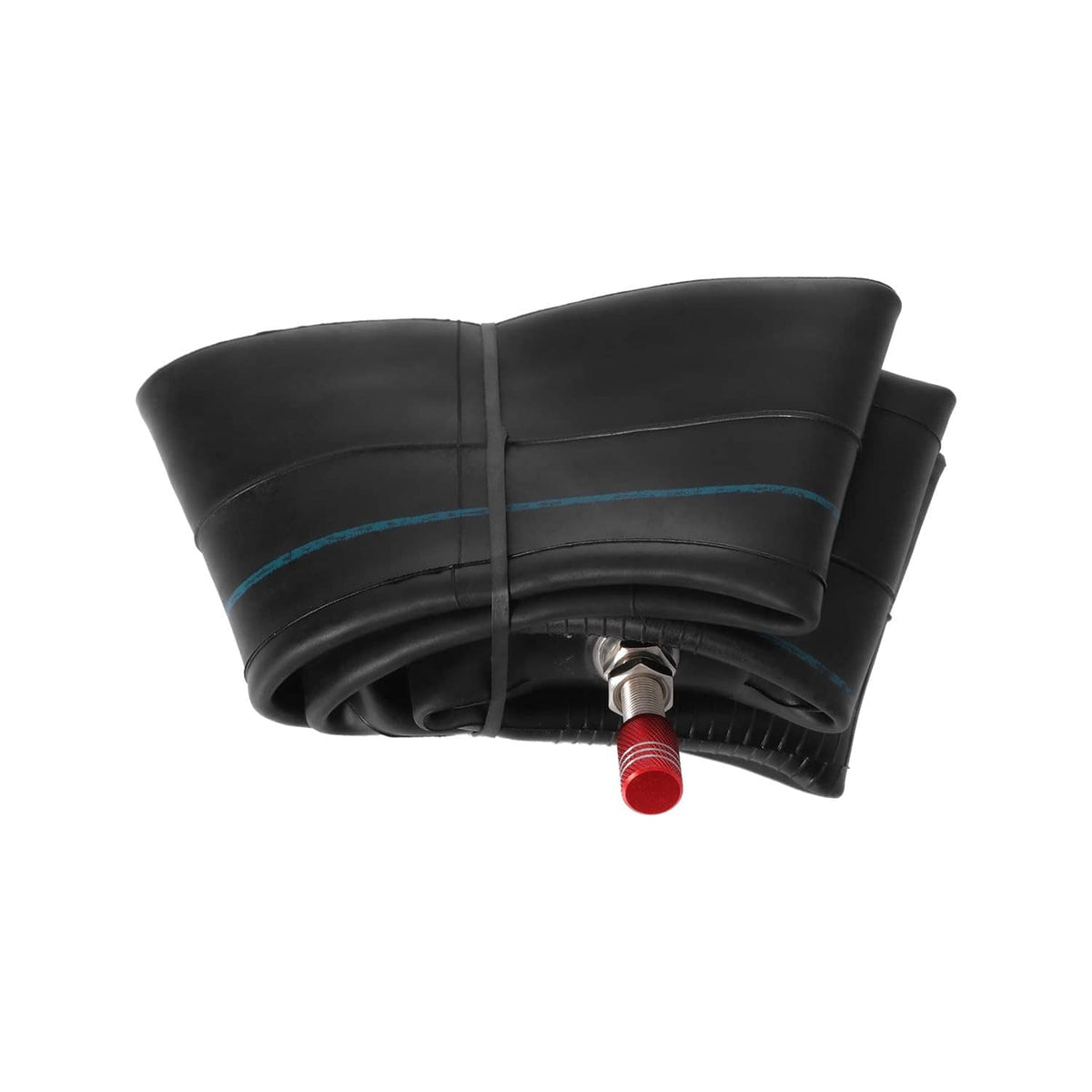 Motorcycle inner tube replacement close-up of black tube and red valve cap, straight stem