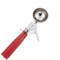 Red cookie disher scoop with stainless steel bowl and lever handle