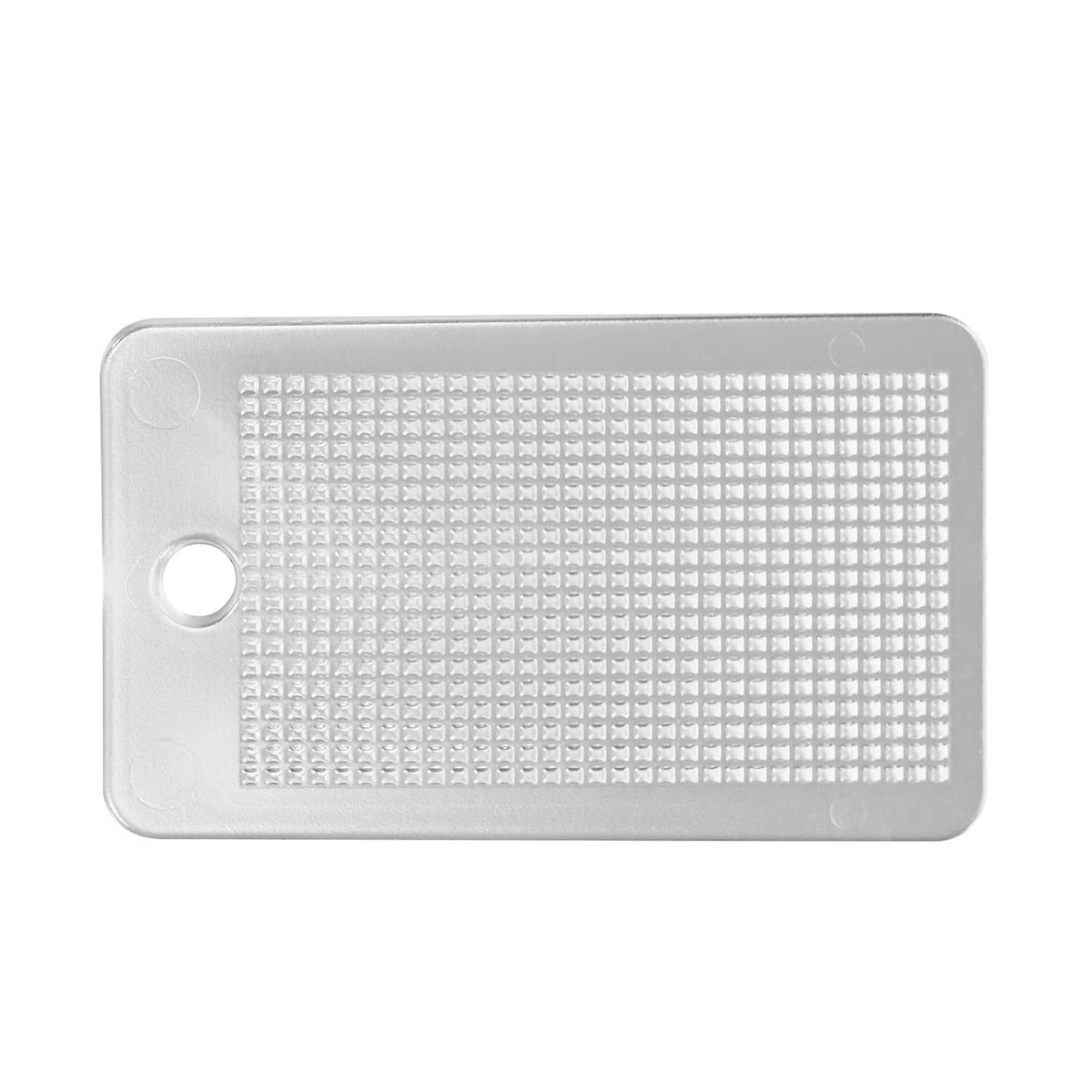 Transparent rectangular plastic leveling shim with textured grid and round side hole.