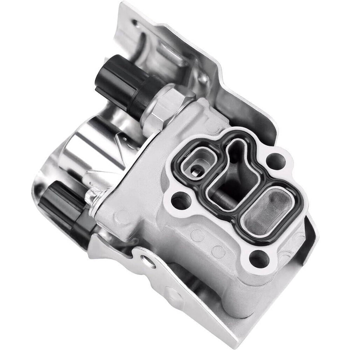 Solenoid spool valve close-up with gasket ports and metal housing, black seal inserts