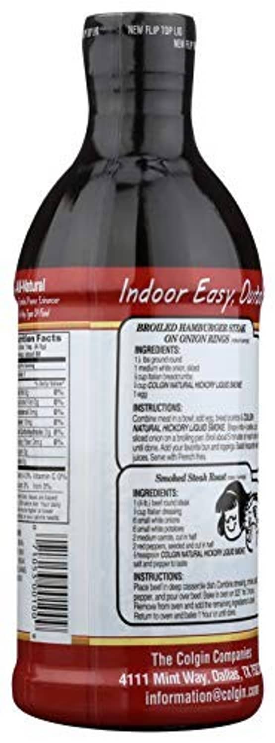 Colgin Liquid Smoke bottle back label with Indoor Easy directions and barcode area.