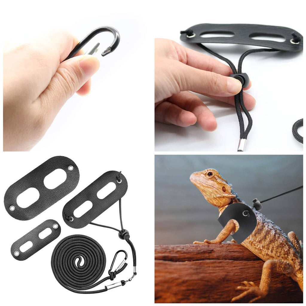 Reptile harness and leash set: black oval strap, coiled rope, metal clasp