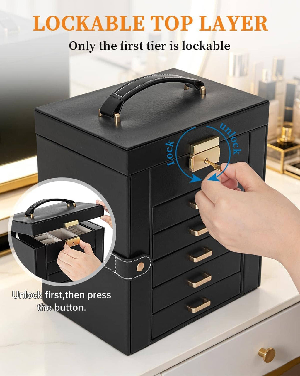 Lockable top layer jewelry box with front drawers and push-button release