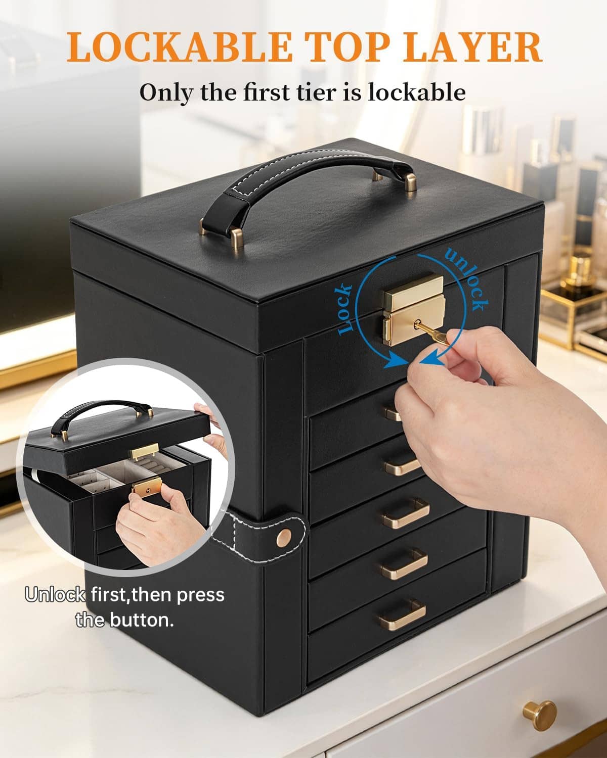 Lockable top layer jewelry box with front drawers and push-button release
