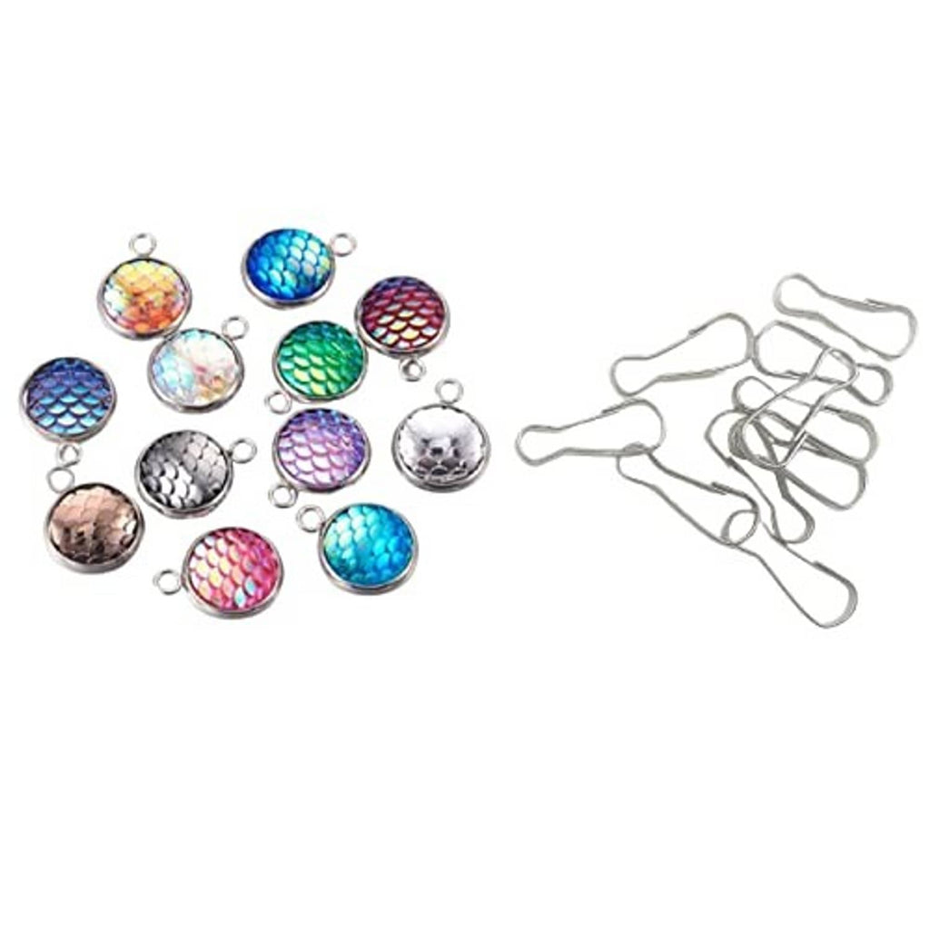 12-piece zipper pull charm set with round iridescent discs and silver loops