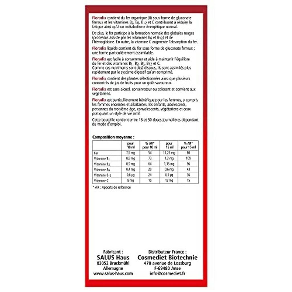 Back label panel for liquid iron and vitamin supplement in red bordered layout