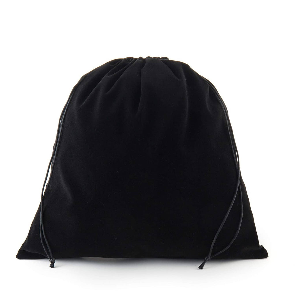 Large black velvet drawstring pouch bag, closed top with adjustable cords