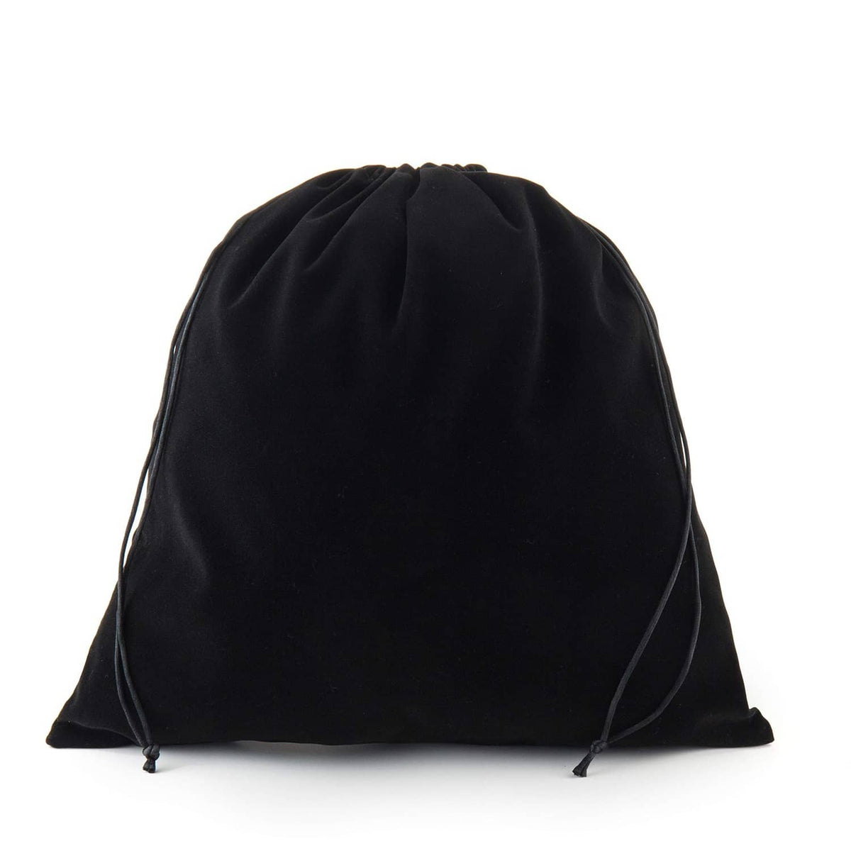 Large black velvet drawstring pouch bag, closed top with adjustable cords