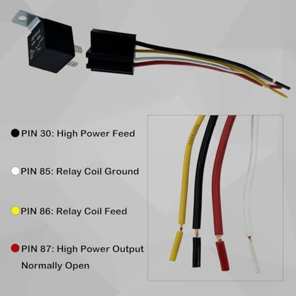 4-pin relay with color-coded wires showing pin functions on harness