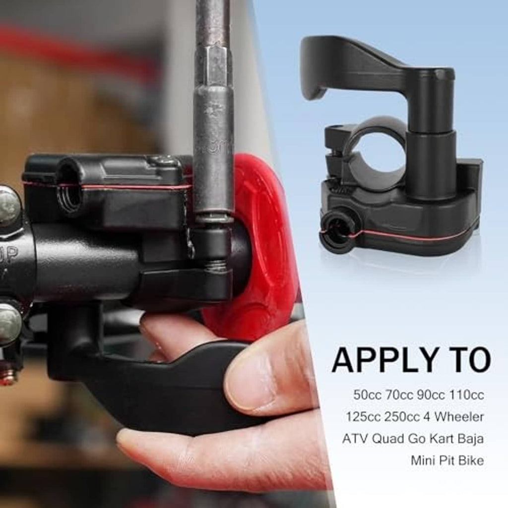 Thumb throttle cable lever mounted near handlebar, shown with hand installing