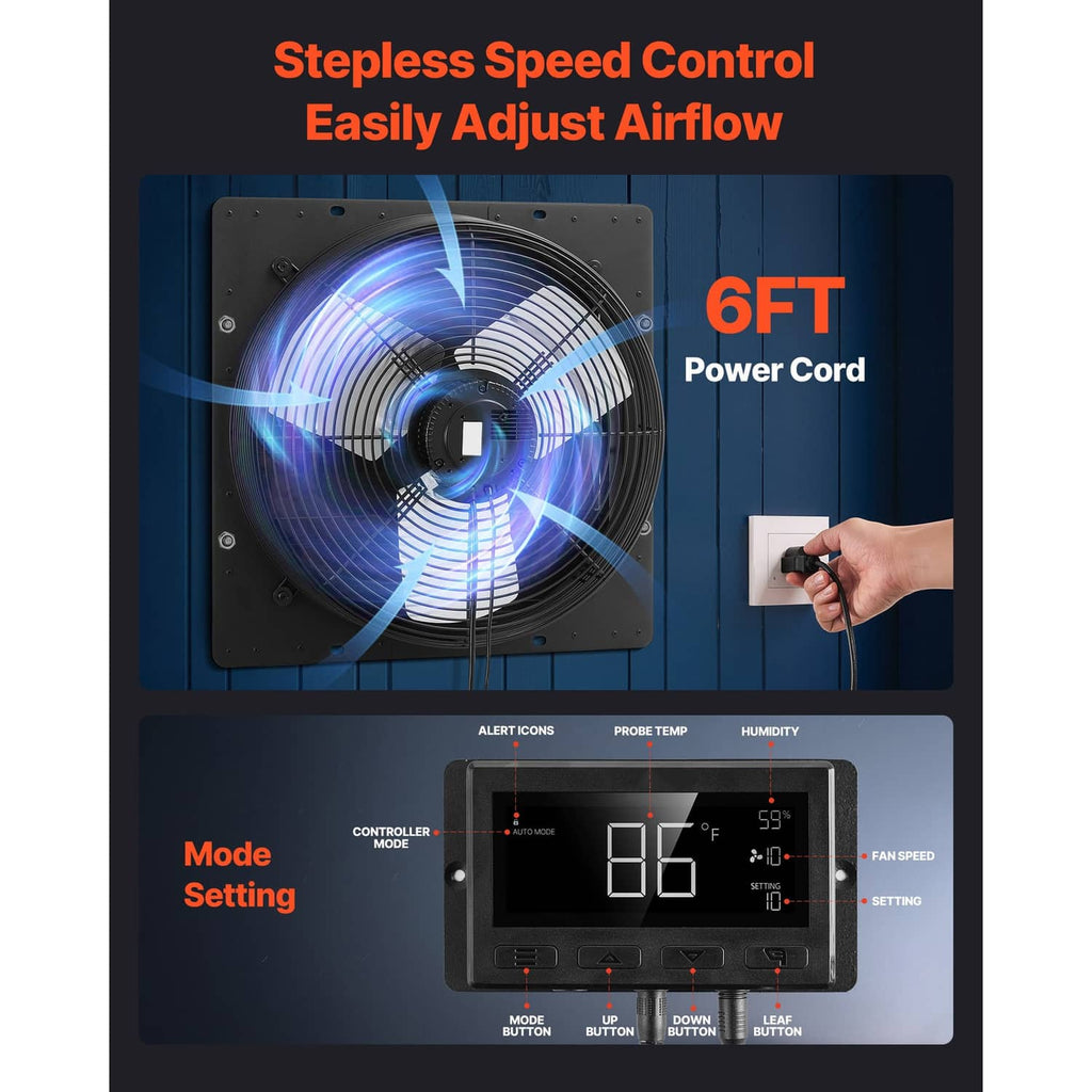 Wall-mounted shutter exhaust fan with control panel and adjustable speed airflow, black.