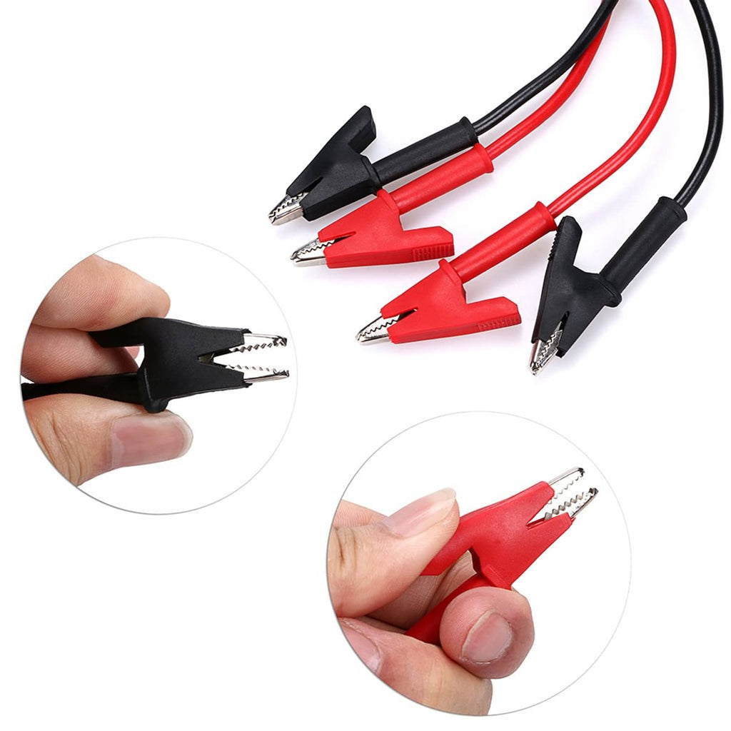 Crocodile test leads close-up with fingers showing black and red clip clamps