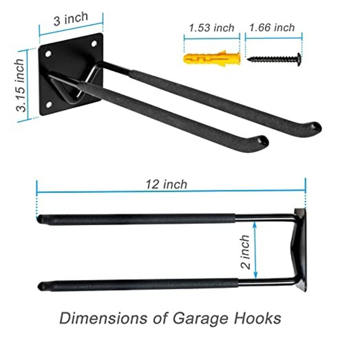 Black garage shovel hooks with dimensions, two mounting styles and screw set shown