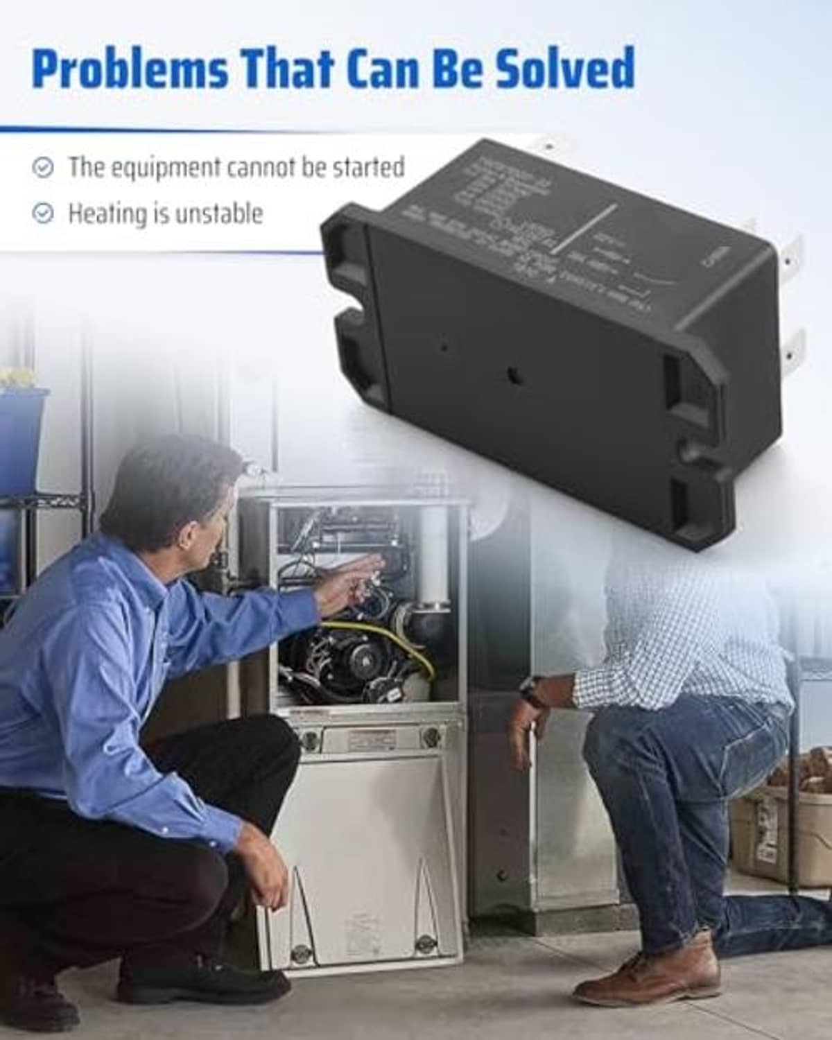 Black HVAC blower motor relay with electrical label and bracket tabs