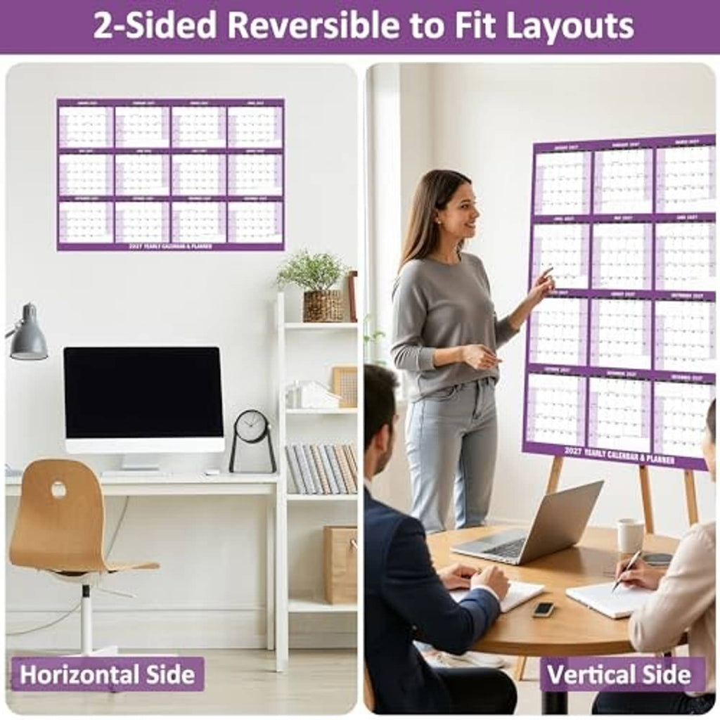 Reversible purple 2027 wall calendar planner showing horizontal and vertical layouts