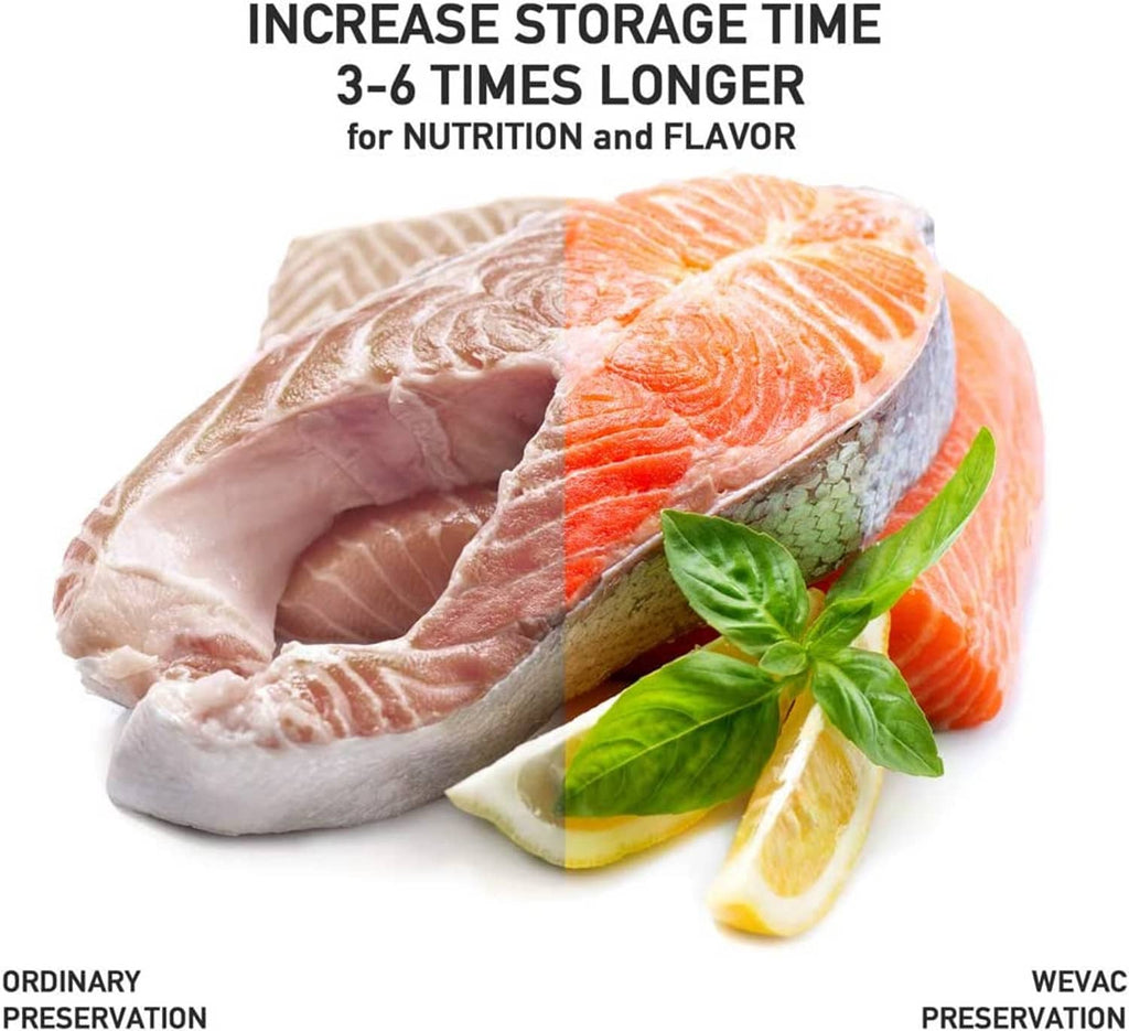 Vacuum-sealed salmon and meat in clear bags with lemon and green herb