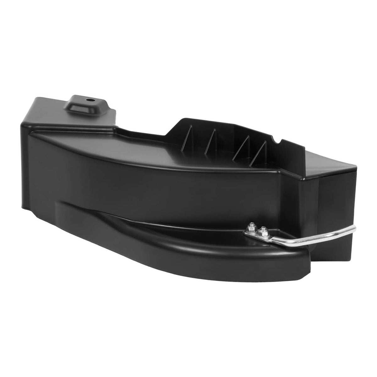 Black mulch plug chute with metal lever and latch hardware, mower deck accessory