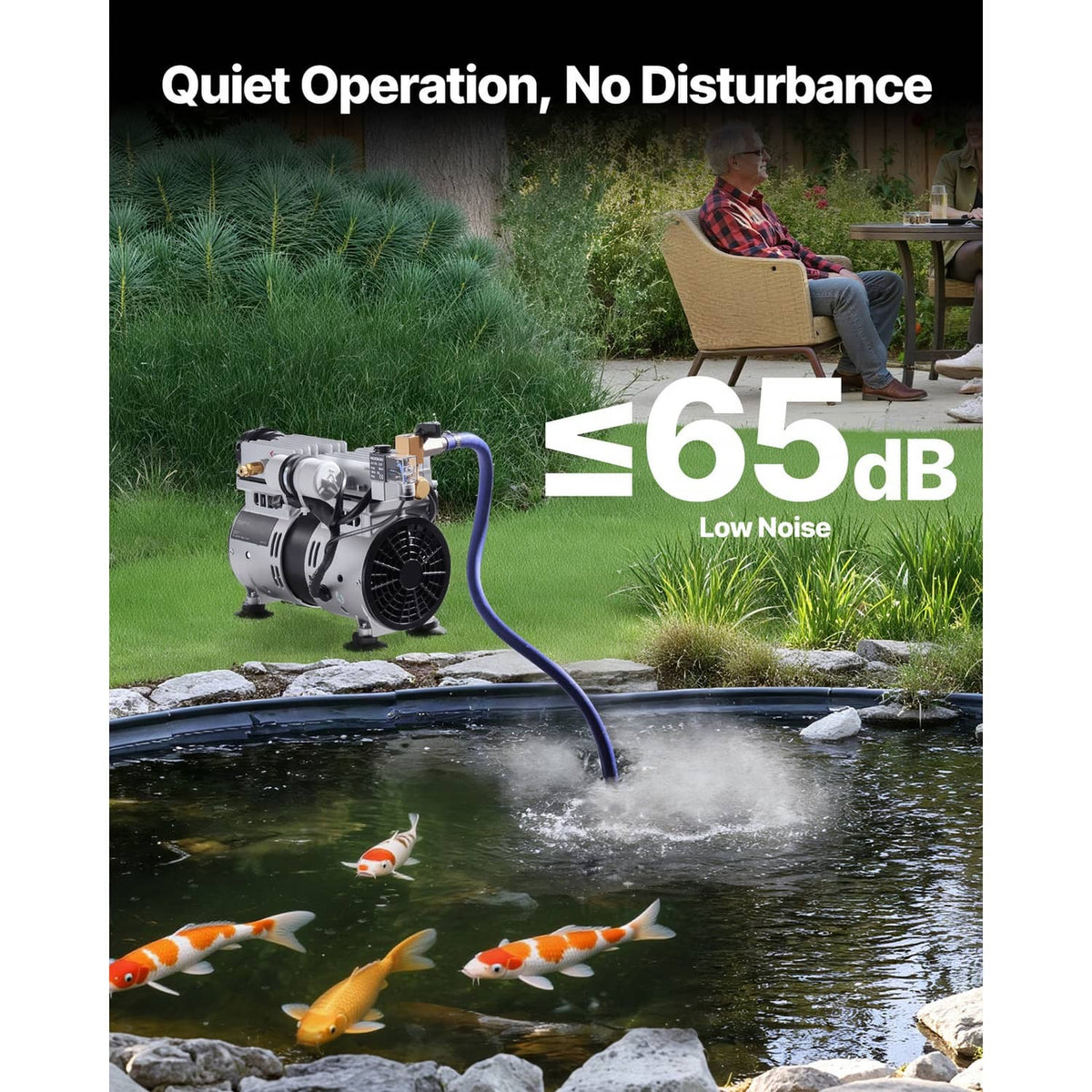 Low-noise pond aeration compressor with blue hose connected to the outlet