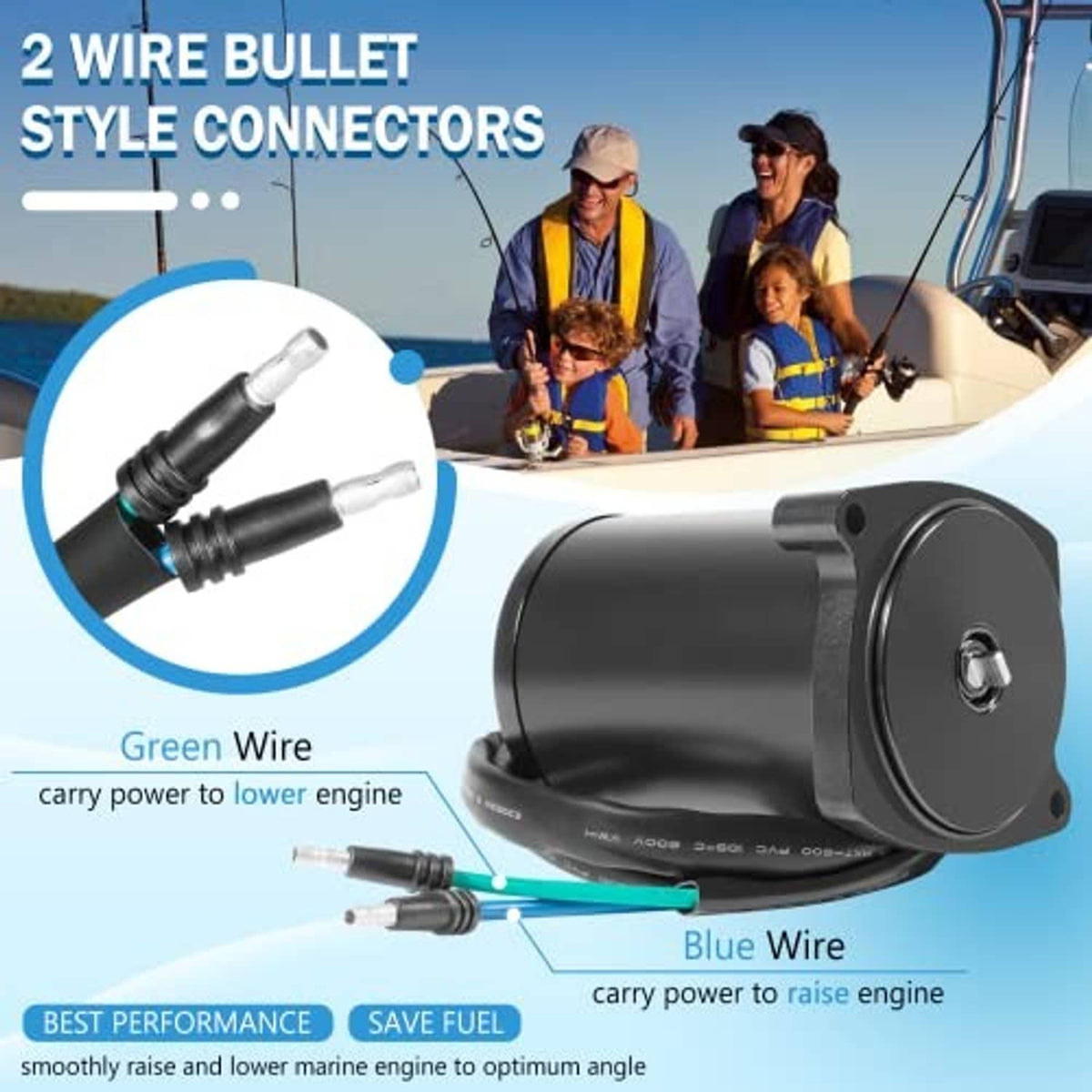Black tilt and trim motor with blue and green wire bullet-style connectors