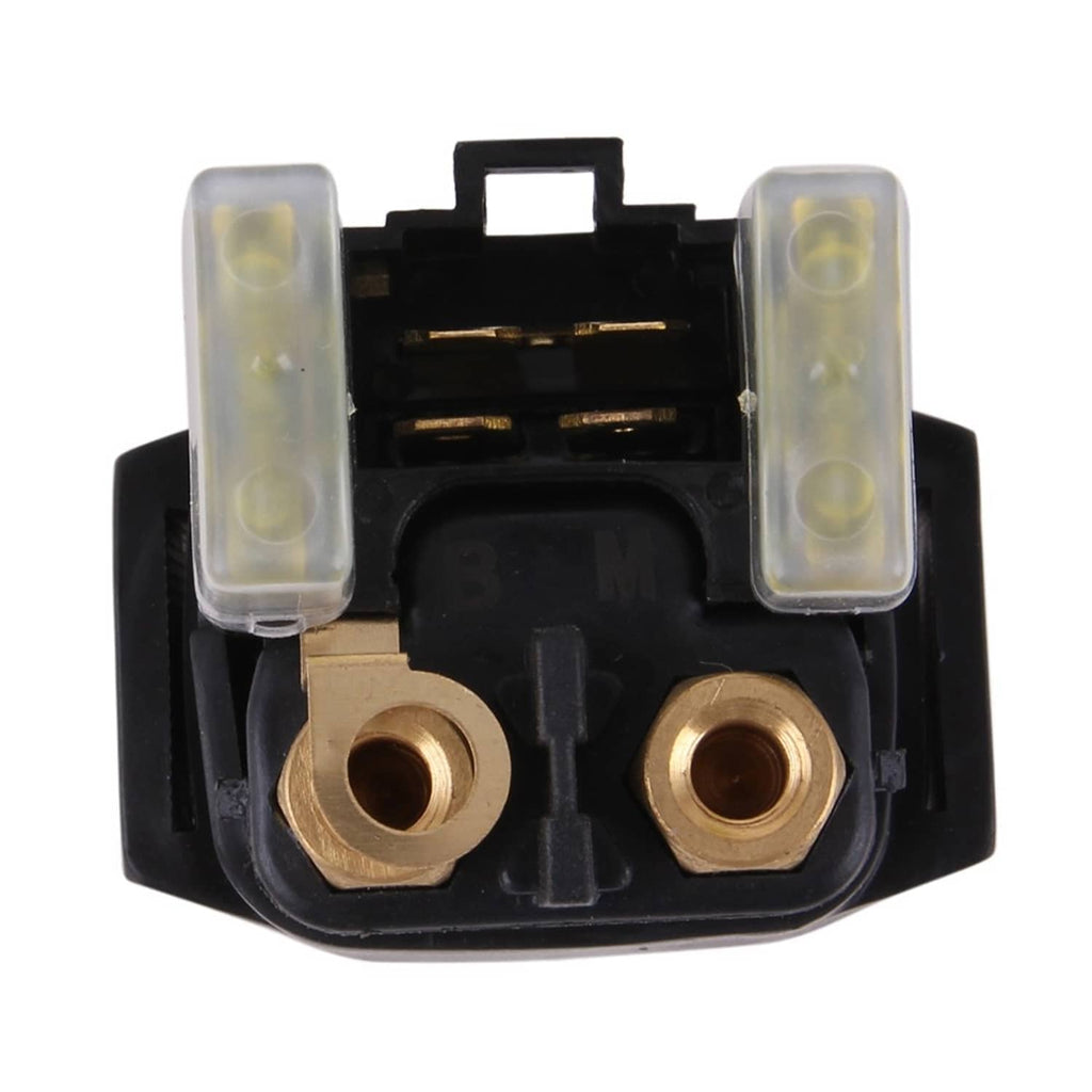 ATV starter solenoid relay assembly close-up with two brass terminals and clear side covers
