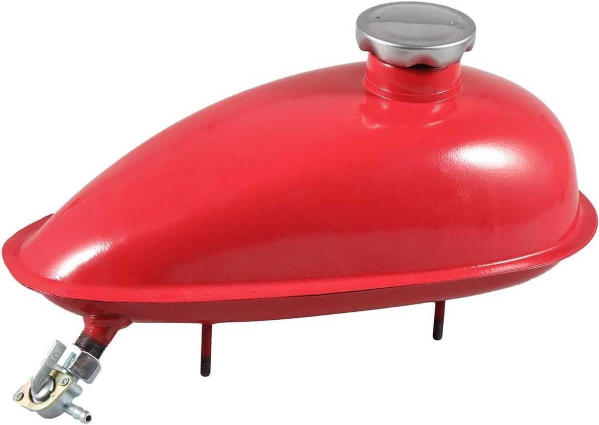 Red 2L fuel tank with round cap opening and chrome fuel valve
