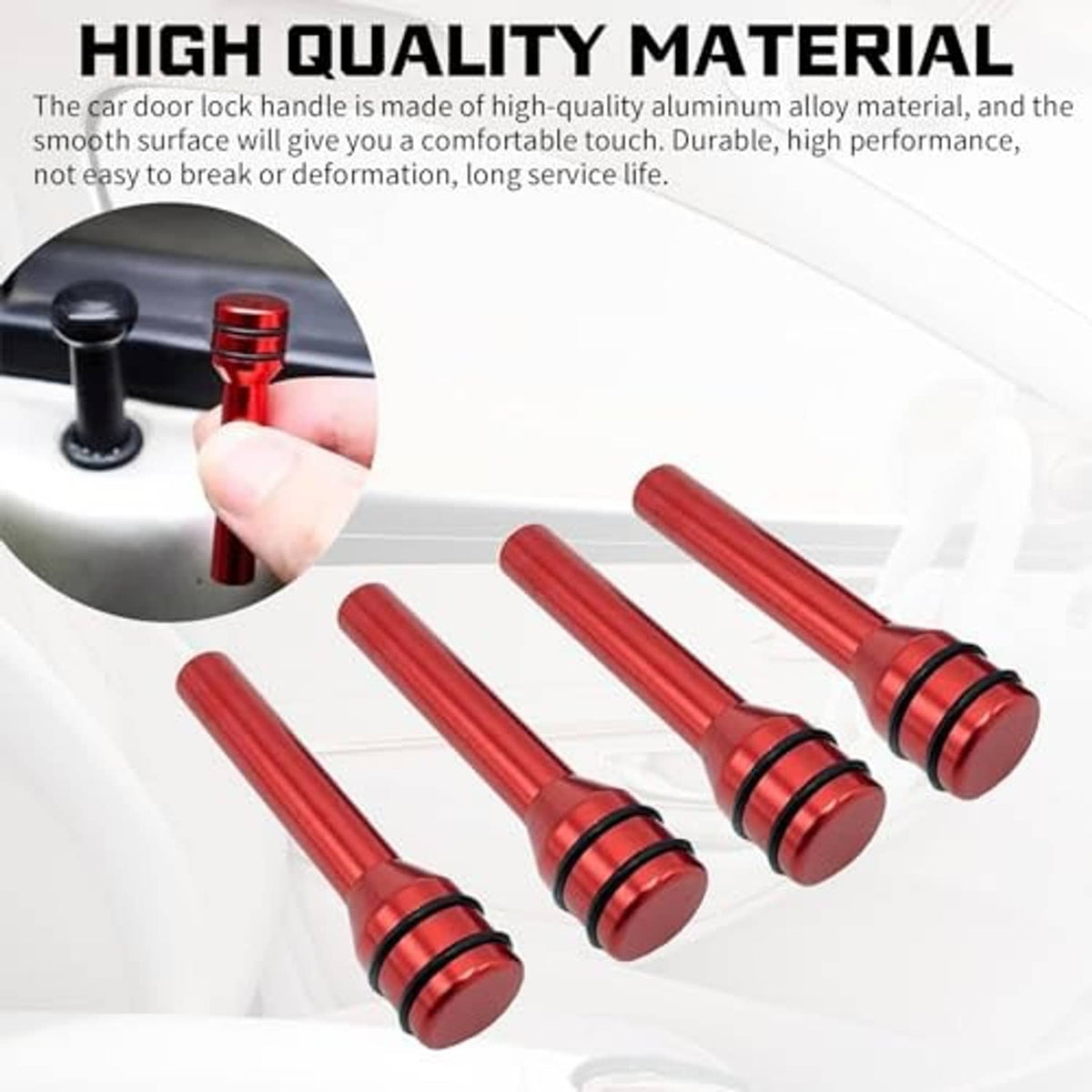 Four red car door lock pull pins with black ring collars laid on panel