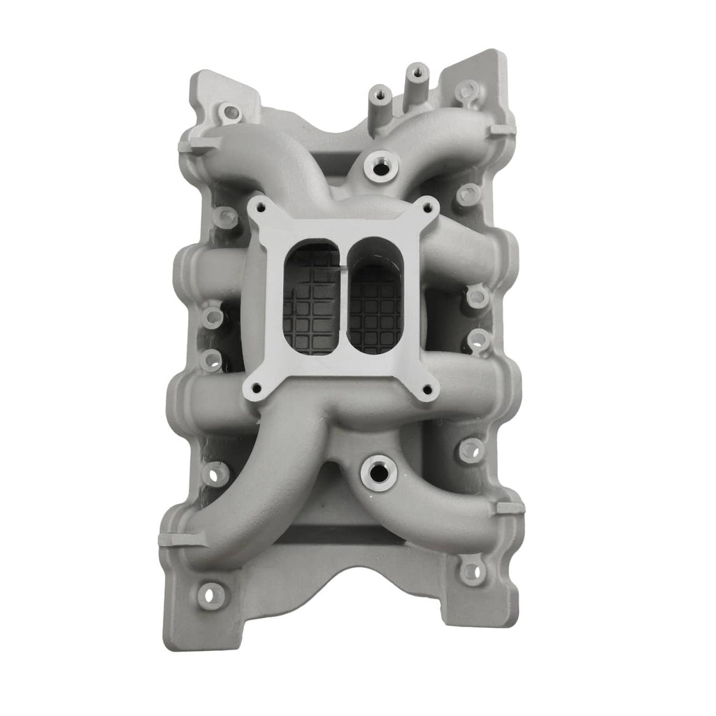 Grey engine intake manifold with two black inlet openings and four mounting studs