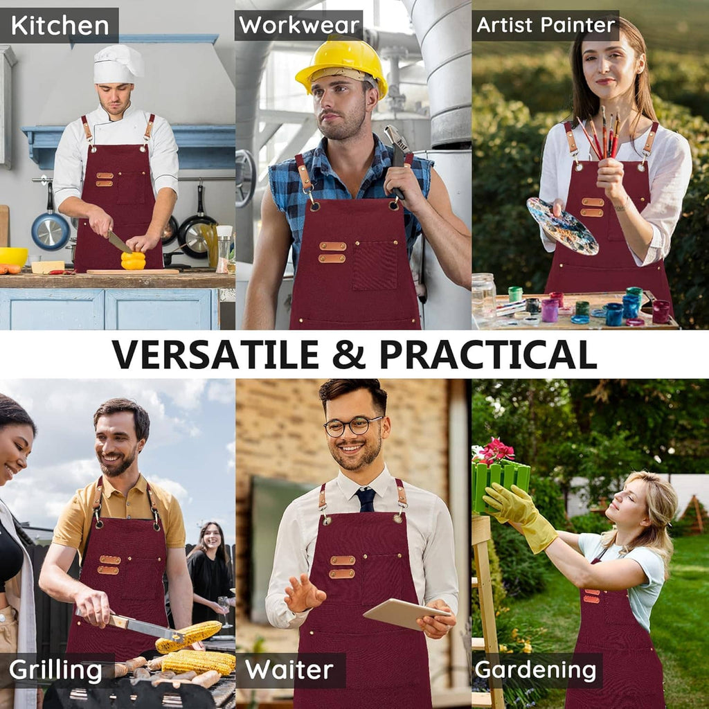 Burgundy canvas apron on adults, adjustable straps and front pocket for workwear