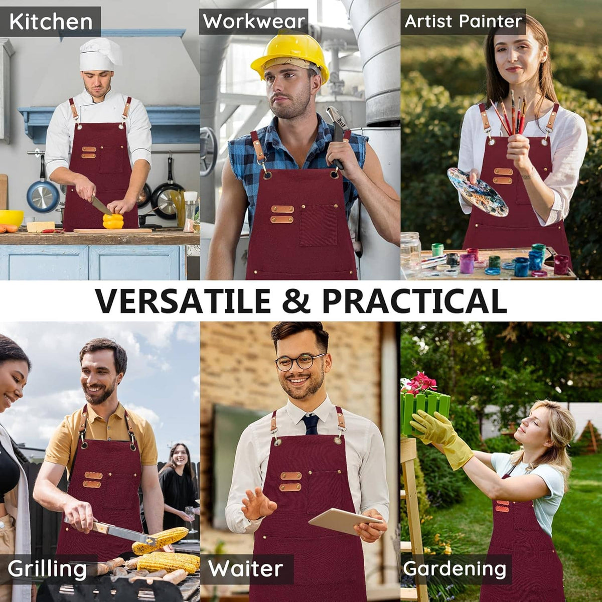 Burgundy canvas apron on adults, adjustable straps and front pocket for workwear