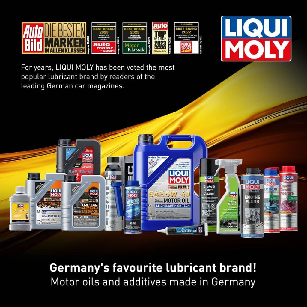 Assortment of Liqui Moly motor oil and additive bottles, made in Germany