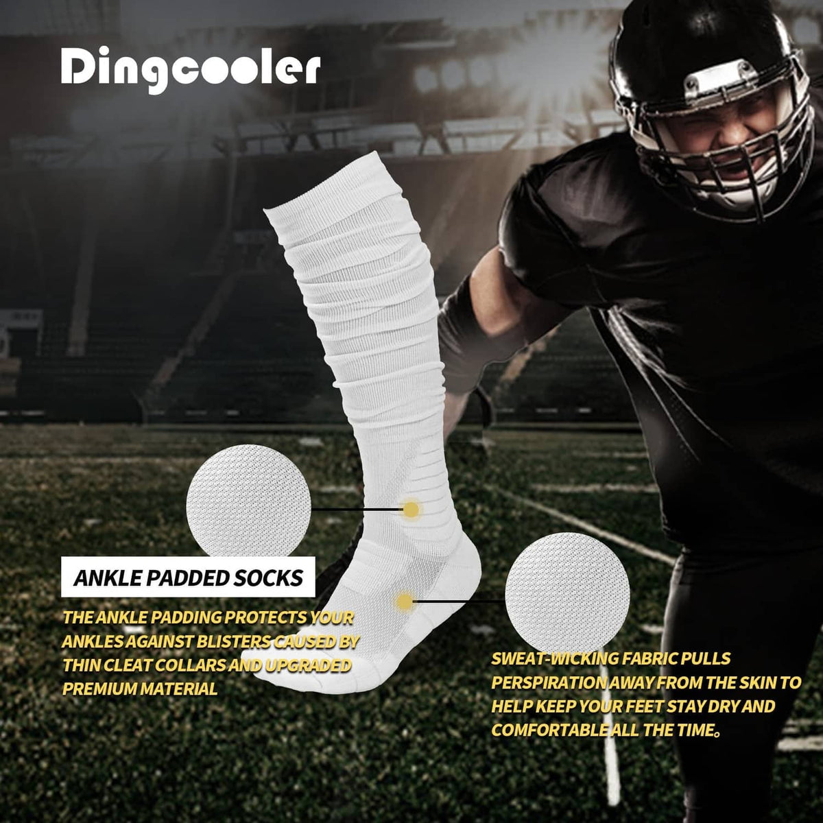 White padded football socks with tall ribbed leg and cushioned foot