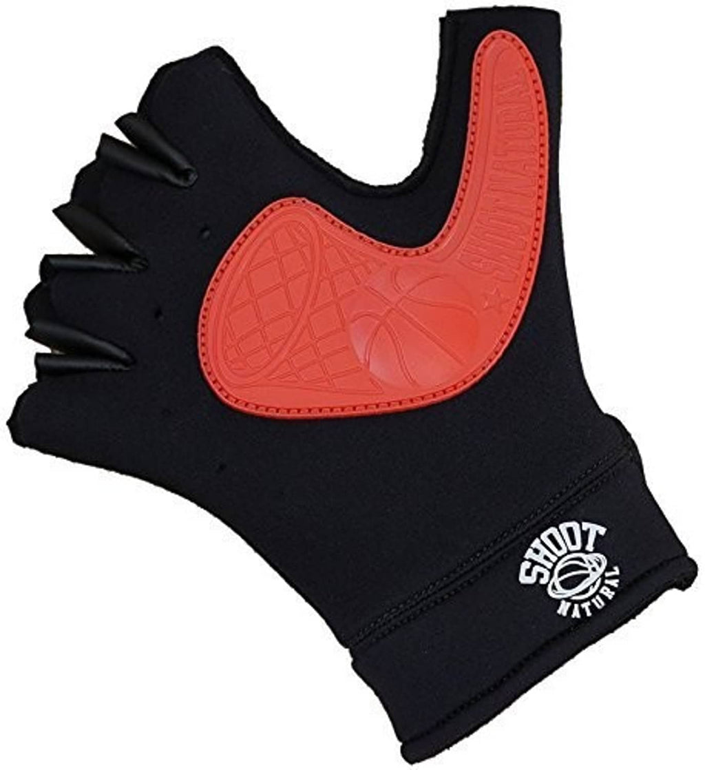 Black fingerless shooting glove with orange curved palm guard and wrist strap