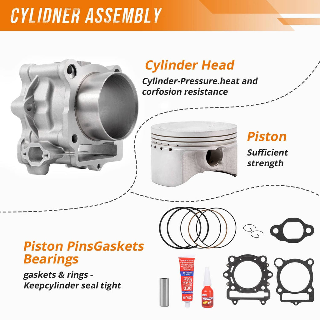 Cylinder assembly diagram showing cylinder head, piston, rings, pins, and gaskets