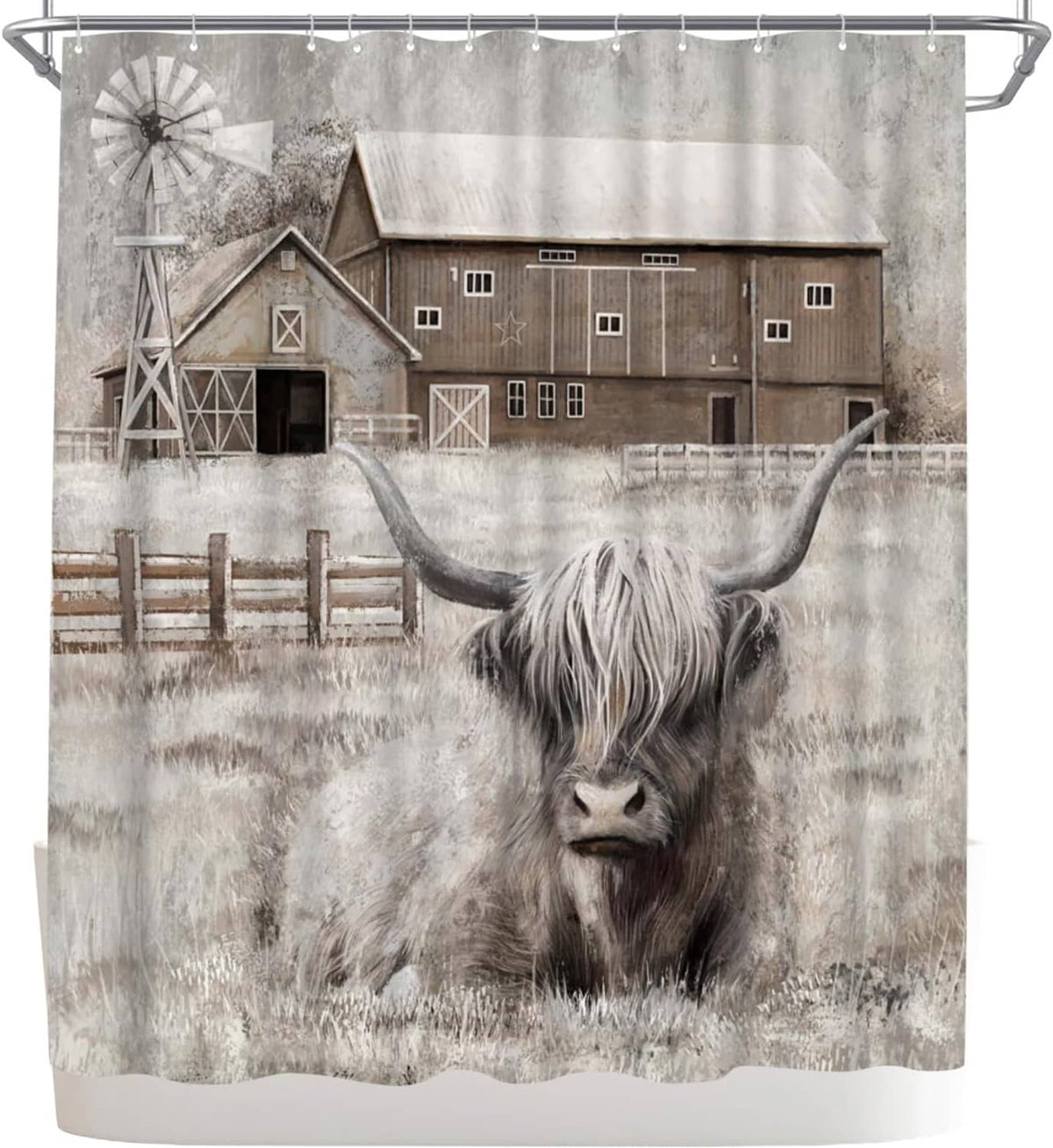 Highland cow shower curtain with farmhouse barn and fence, gray and white artwork