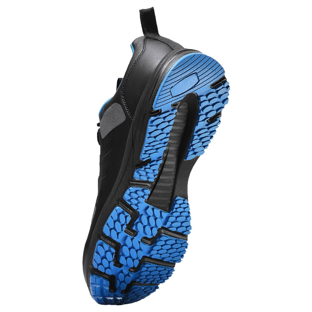 Black cross-training sneaker with blue tread outsole and side panels
